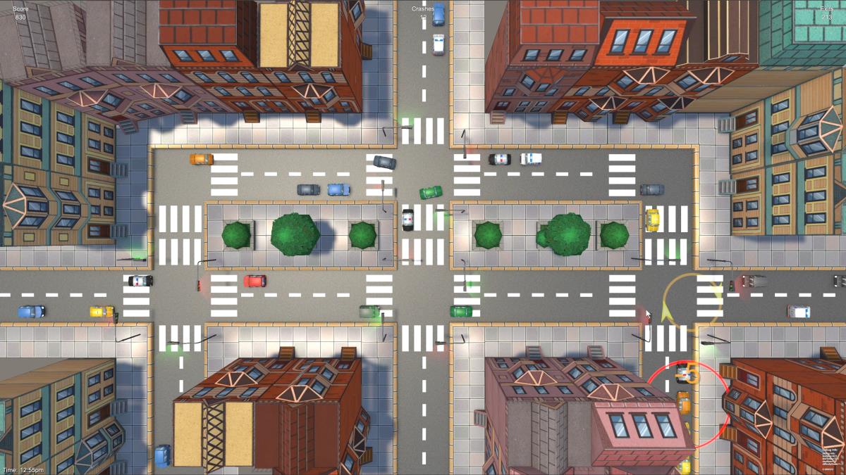 Top-down NYC traffic management gameplay with cars and city intersections